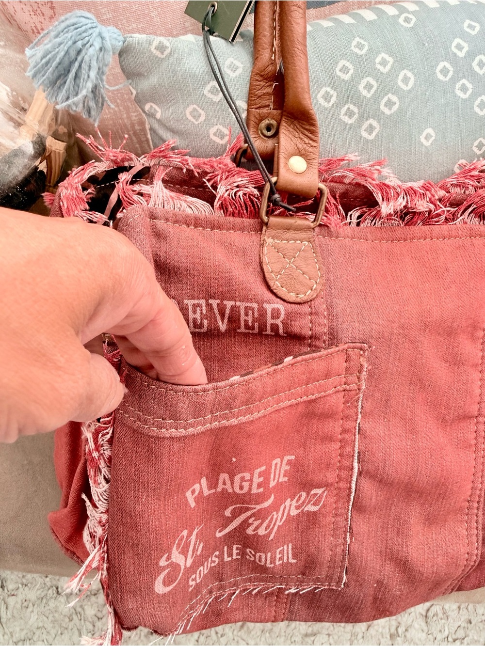 Myra Bag Rose Canvas Tote with Brown Handles and Frayed Trim - Picture 3 of 7